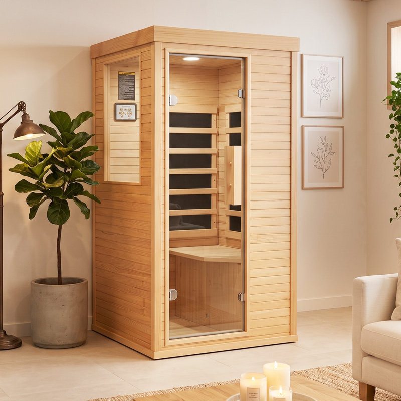 Indoor Far Infrared Sauna for 1 Person, Low-EMF Canadian Hemlock Wood Sauna with 4 Heating Panels, Bluetooth Speakers, LED Reading Light & Easy Temperature Control