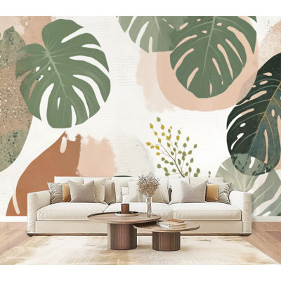 Peel and Stick Wallpaper Abstract Tropical Monstera Leaf Green Coral Brown Wall Murals 69"H x 96"W Removable PVC Wall Paper Self-Adhesive Wall Decor for Bedroom Living Room Home Office