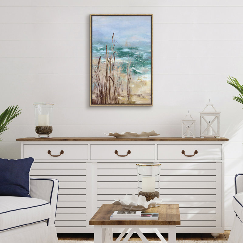 Art mural sur toile 16 x 24 avec sable, océan, ciel et herbes hautes avec des accents peints à la main - art mural plage côtière