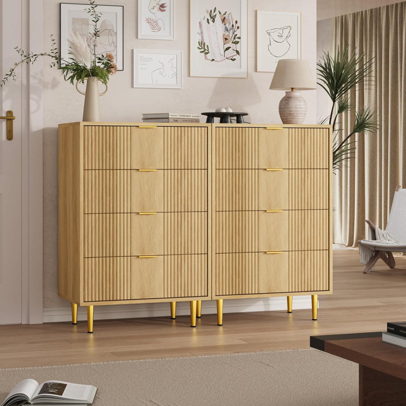 Fluted Dresser for Bedroom, Wooden Closet Clothes Storage Organizer for Living Room, Hallway, Natural Oak/4 Drawers