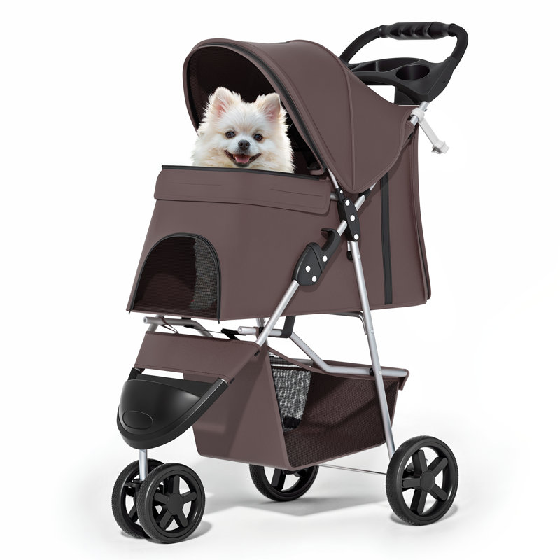 Foldable Pet Stroller, 3 Wheels Folding Carrier Jogger Stroller for Dogs Cats with Canopy and DIY Stickers, Coffee