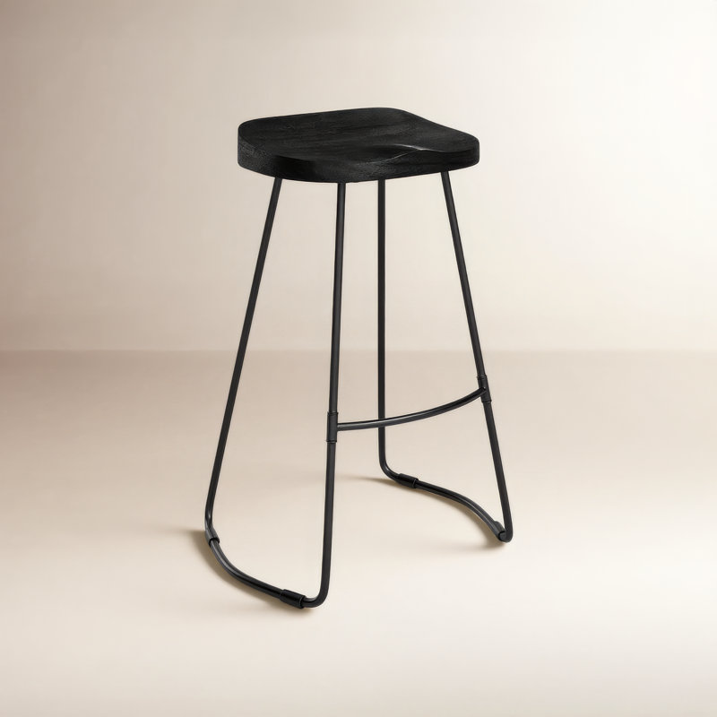 Tabouret de bar et de comptoir Geonna en bois massif, style selle, avec repose-pieds, Noir