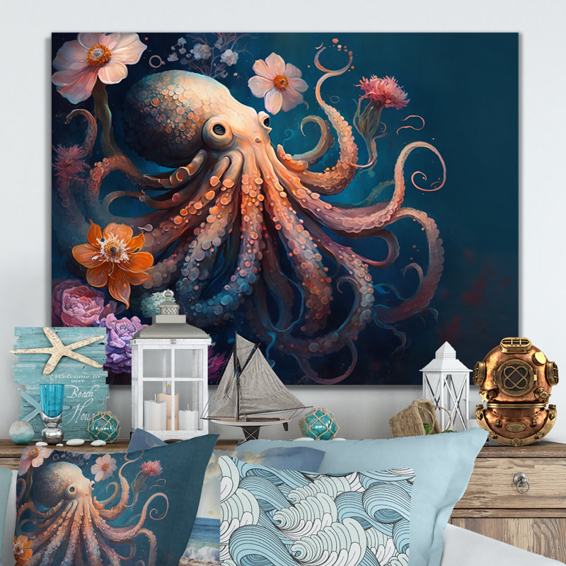 Pieuvre dans l'océan avec fleurs I - art mural bord de mer, H 12 po x l 20 po x P 1 po, Toile tendue