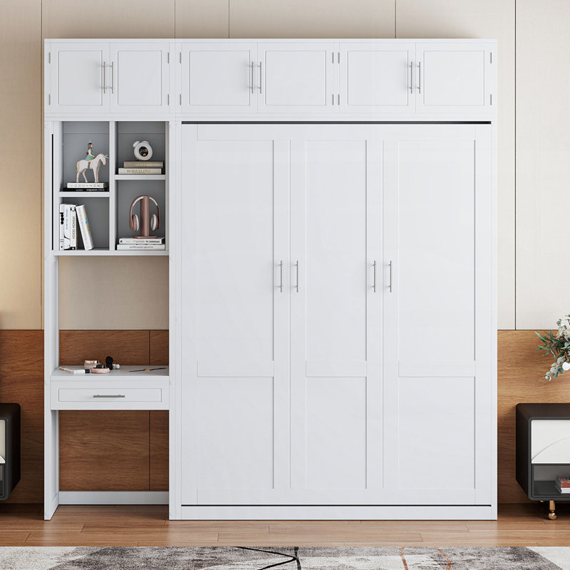Lit escamotable avec tablettes de rangement intégrées et bureau pour petits espaces et pièces multifonctionnelles, Blanc