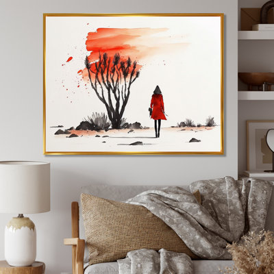 Andonia " Lady In Red By Watercolor Autumn Tree "