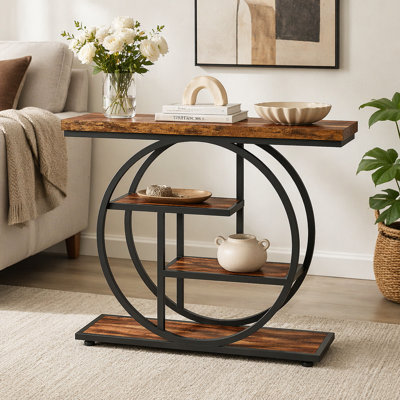 Console industrielle de 41,3 po, canapé brun rustique à 4 niveaux avec cadre en métal circulaire unique et tablettes de rangement, table d'appoint étroite pour le salon, le couloir et le vestibule