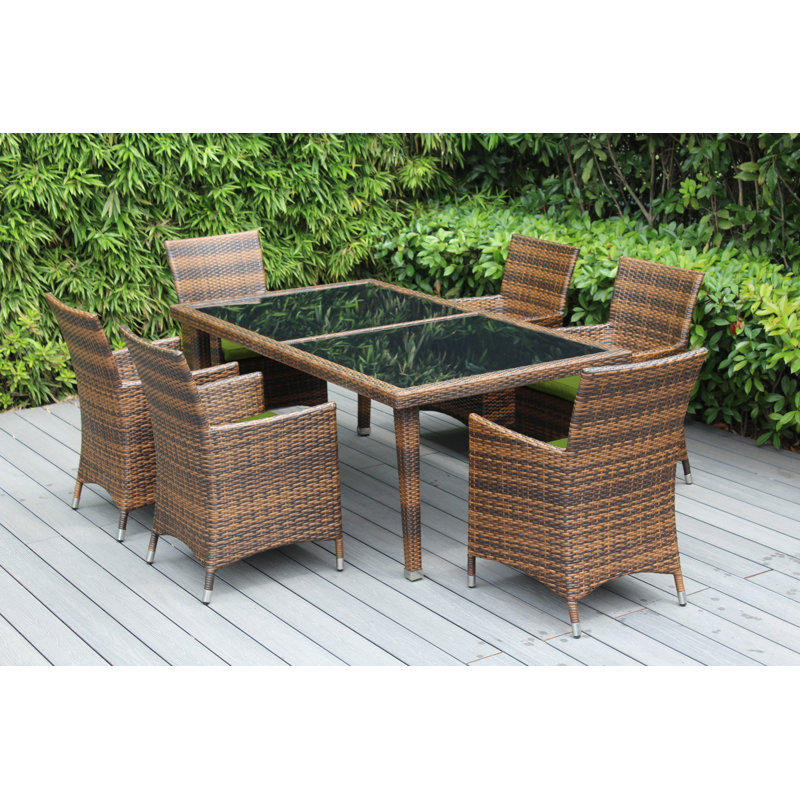 Pavior 6 - Person Wicker Patio Dining Set with Rectangular Table , Cushions Included, Sunbrella Macaw, Mixed Brown