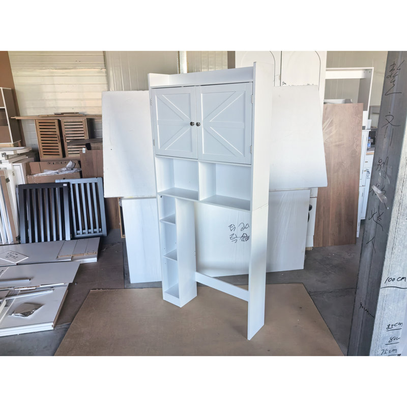 Organisateur de toilette pour salle de bain avec tablette réglable, portes doubles, tablettes ouvertes, blanc, rangement pour articles