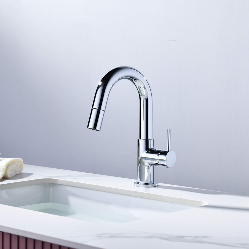 Circular Single Handle High-Arc Pull Down Sprayer Bathroom Vanity Sink Faucet, Chrome