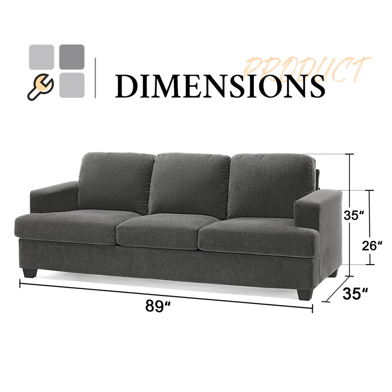 Berlinde 89" Upholstered 3 Seater Sofa, Gray Chenille