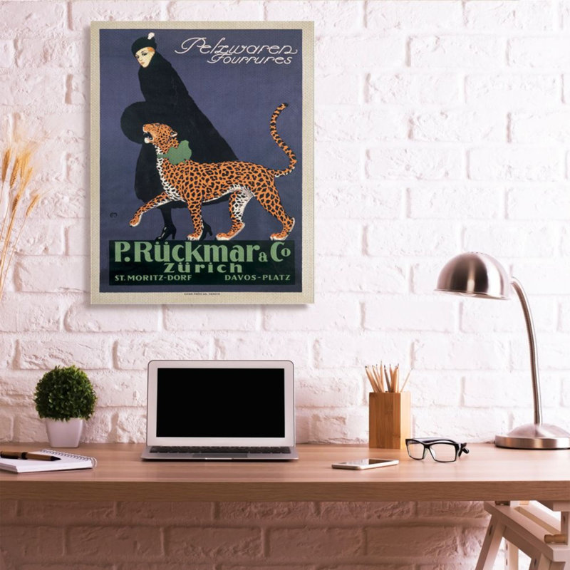 «Vintage Women's Fashion Campaign with Leopard» par Ernest Montaut - impression d'art graphique, 48" H x 36" W x 1.5" D