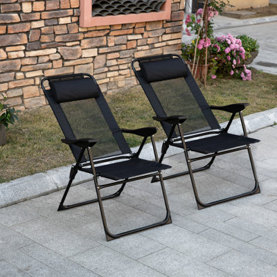 Portable Patio Chairs, Comfortable , Adjustable Sling Back, For Patio, Garden, Lawn, Black Folding Chairs Of 2, Outdoor Chair With Back And Removable , Backyard, Fabric