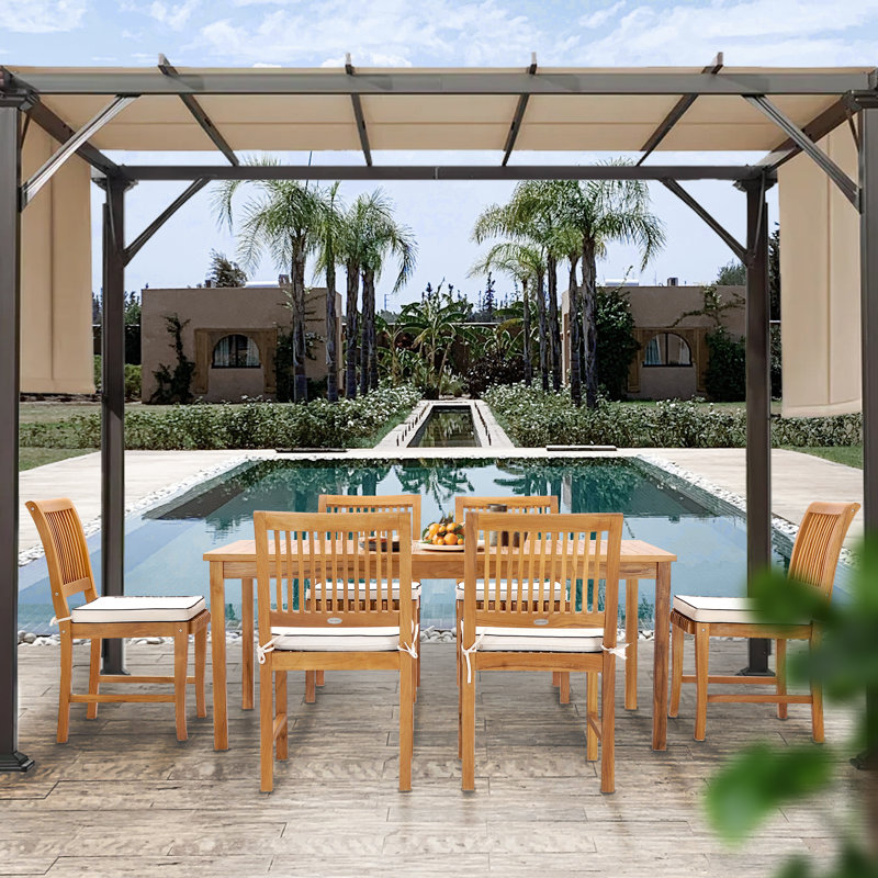 6 - Person Teak Solid Wood Patio Dining Set Umbrella Hole Included Rectangular Table with Cushions Included