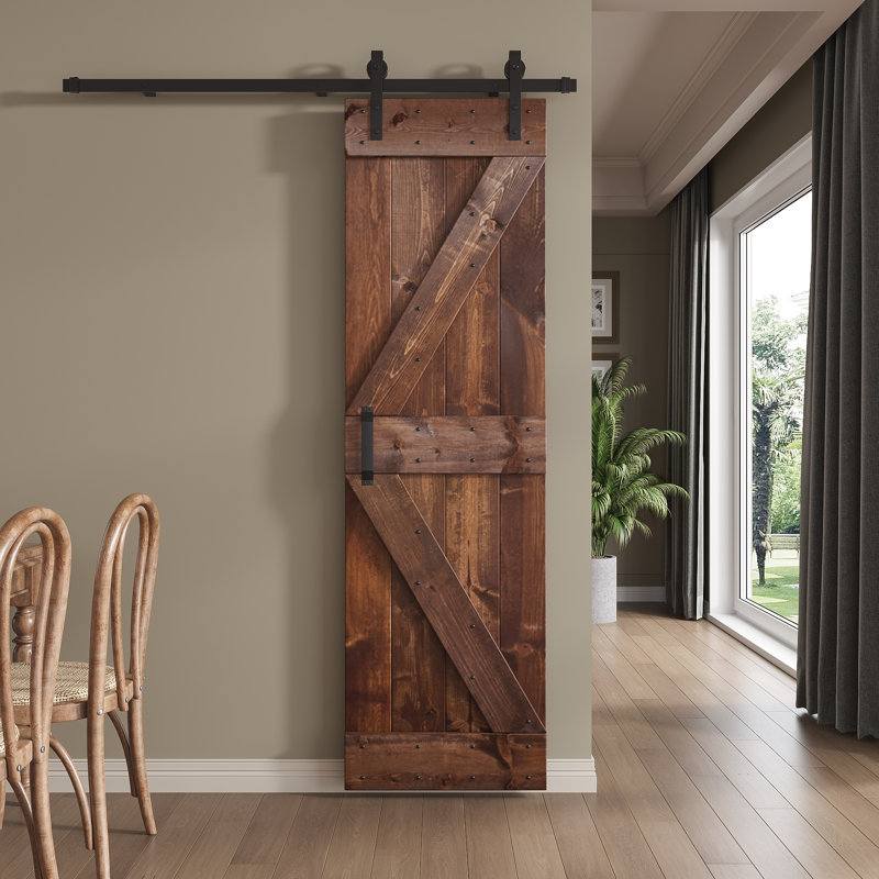 Dark Walnut Pine Wood Sliding Barn Door with Hardware Kit