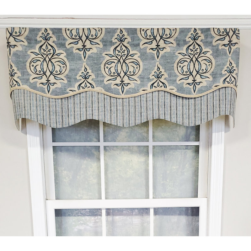 Jenna Cotton Blend Damask Scalloped Window Valance, Sky Blue