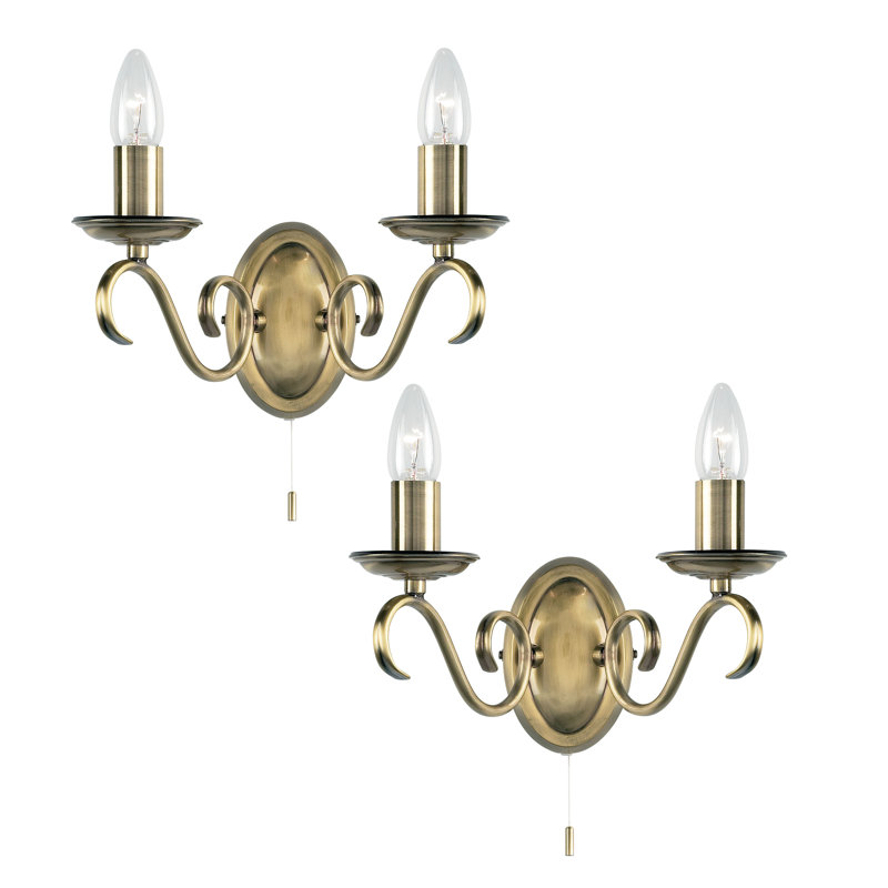 Barney 2-Light Dimmable Twin Pack Candle Wall Light, Antique Brass
