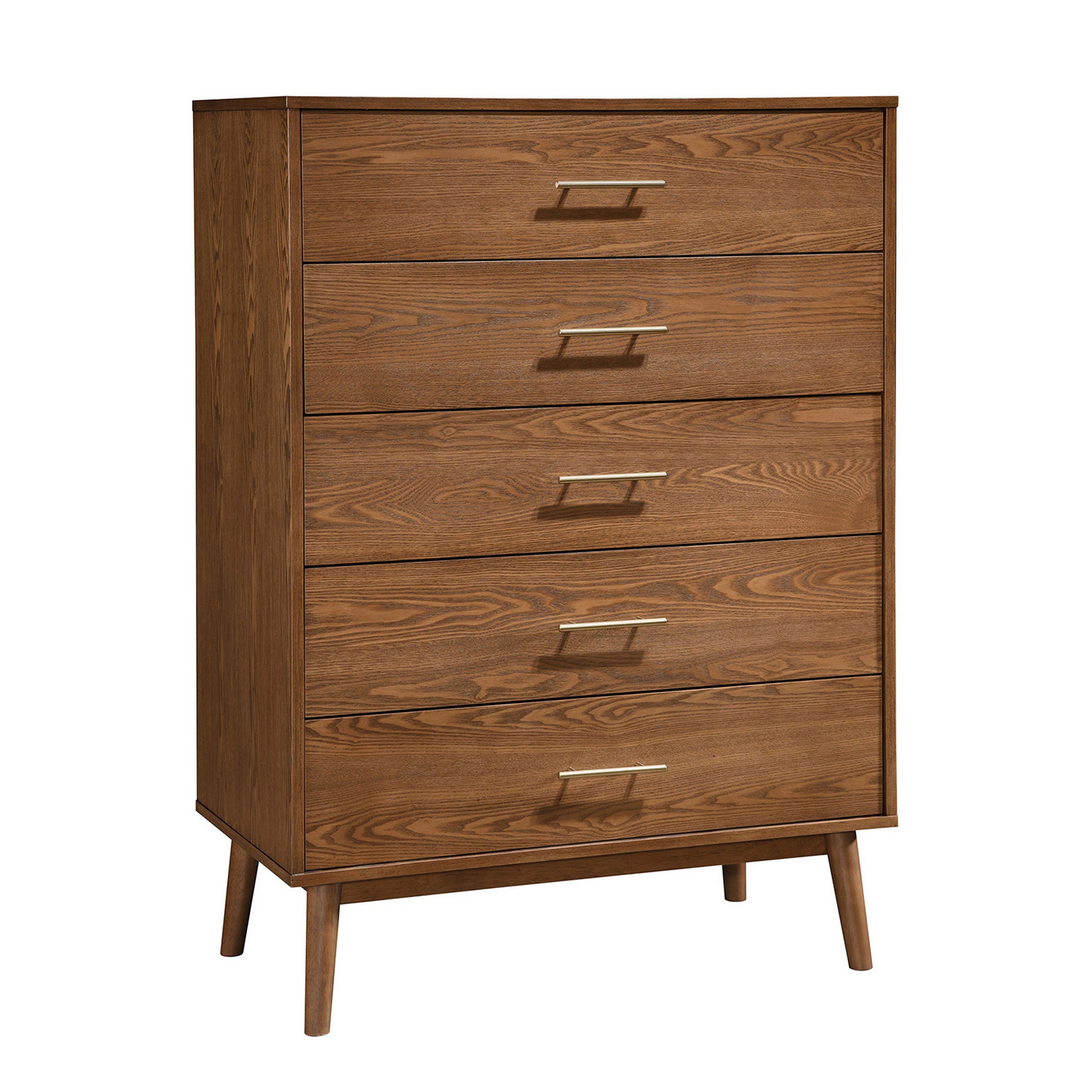 Benjara Roma Tall Dresser Chest, 5 Drawers, Nickel Handles, Walnut