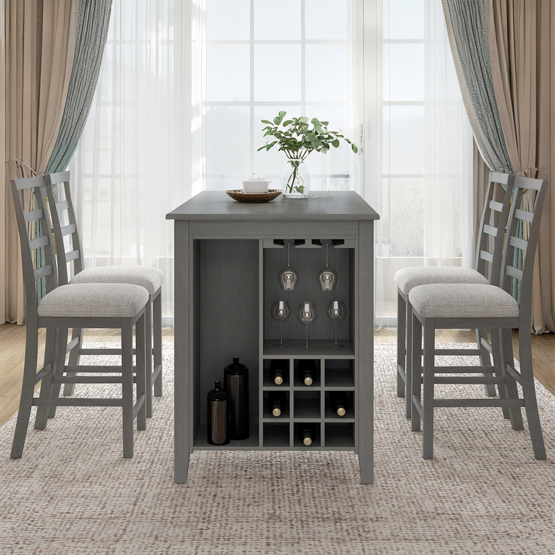 Rural Style 5-Piece Dining Table Set with 4 Padded Chairs and Built-in Storage for Dining Room, White/Grey