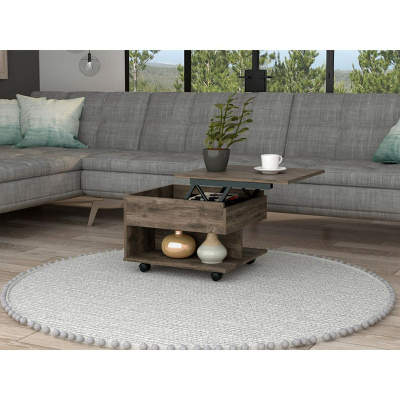 Table basse à plateau relevable, roulettes, une tablette, brun foncé