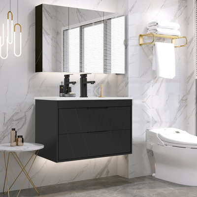 Ciarra Sharee 30" Wall Mount Single Bathroom Vanity Set with Sink Top, Zinc Alloy Faucet, Soft-Close Drawers