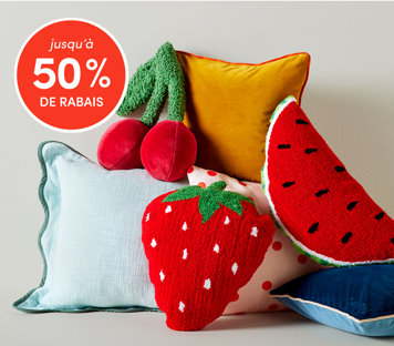 Accessoires de literie jusqu'à 50 % de rabais avec coussins colorés en forme de fraise, melon et cerise