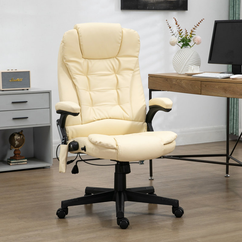 Fauteuil de bureau beige avec 6 fonctions de vibration et de chauffage, cuir d'unité centrale, accoudoirs, télécommande pour une journée de travail au massage chauffante en cuir, siège réglable