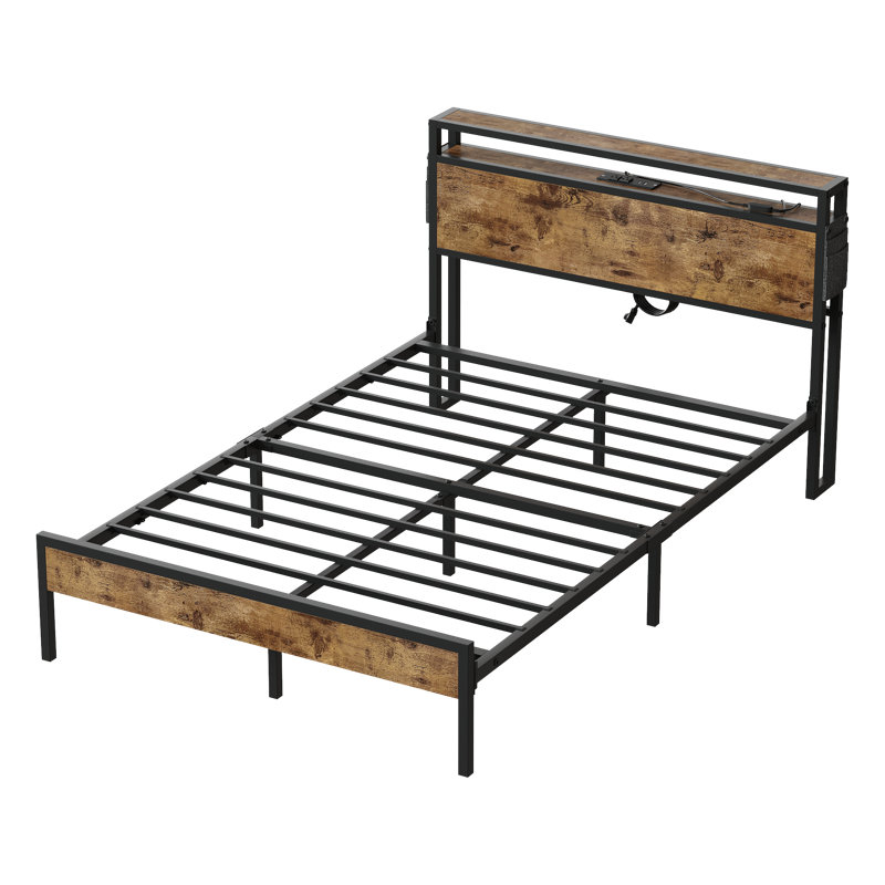 Full Size Metal Frame Bed with LED Storage Headboard
