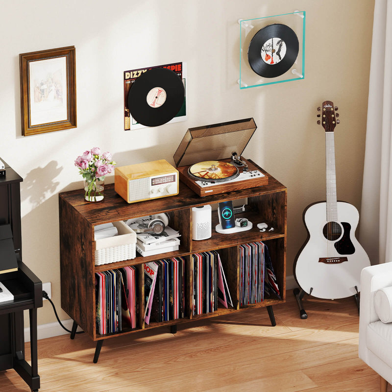 Record Player Stand with Charging Station Open Shelves & Compartments Raised Legs Brown