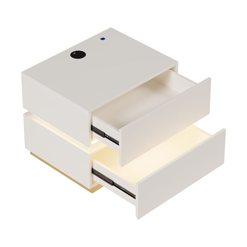 2-Drawer White Nightstand With Led Light And Built-In Charging Station, Modern Bedside Table Set Of 2