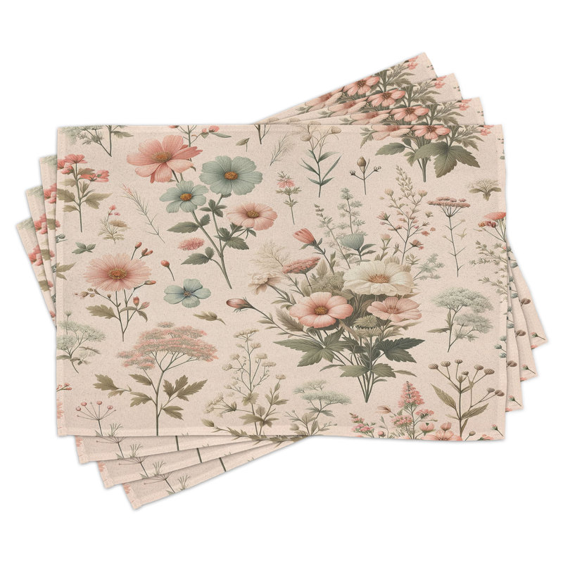 Rose Olive Green Floral Polyester Rectangle Placemats Set of 4