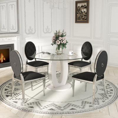 Modern Round Tempered Glass Pedestal Dining Set with Velvet Tufted Dininig Chair by Mercer41