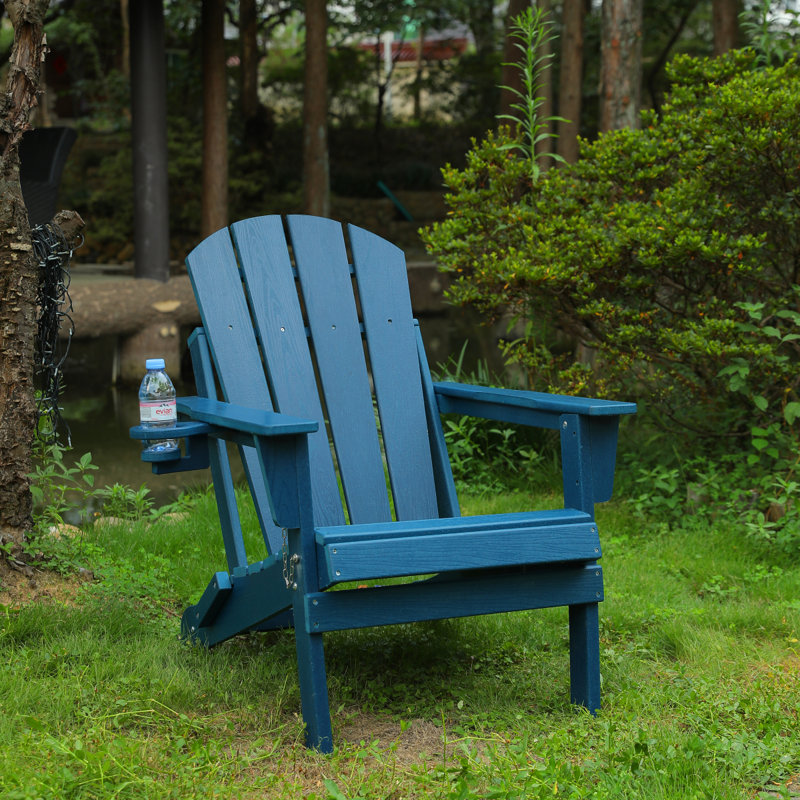 HDPE Folding Adirondack Chair With Dual Cup Holder - Composite Adirondack Chair With Wood Texture- Black, Black