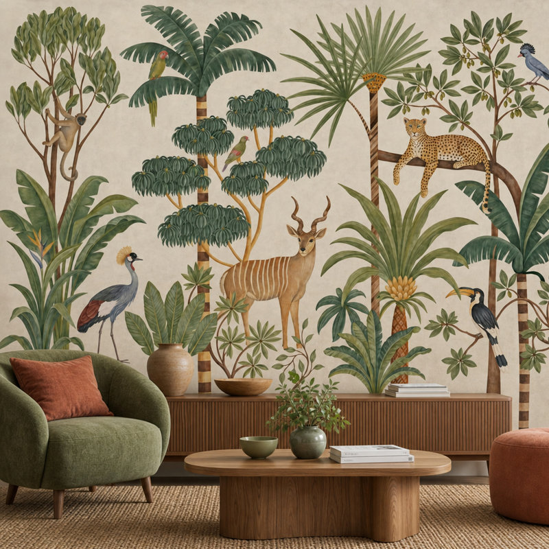 Papier peint botanique rétro avec motif de jungle tropicale, 200"x120", Textured Non-Pasted