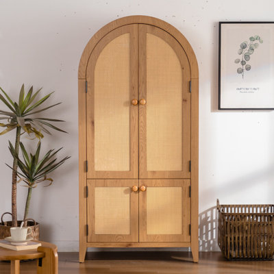 Arched Kitchen Pantry Cabinet, 63.39" Tall Arched Bookcase Rattan Storage Cabinet with Doors Adjustable Shelves,Farmhouse Freestanding Cupboard for Ba by Bay Isle Home