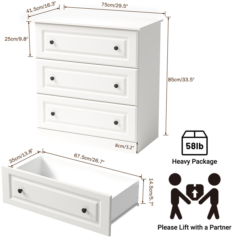 29.5" W Modern 3 Drawer Dresser, Drawer Chest, Wooden Storage Dresser for Closet and Living Room, White, White