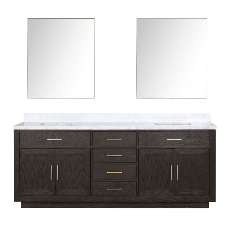 Ensemble de meuble-lavabo double 84 "avec miroir 84", Marbre de Carrare blanc, Chêne brun