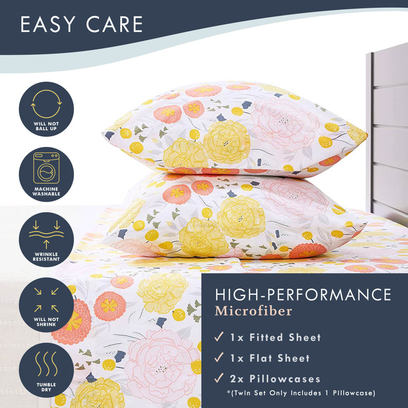 White Floral Microfiber Full Bedding Set with Pillowcases