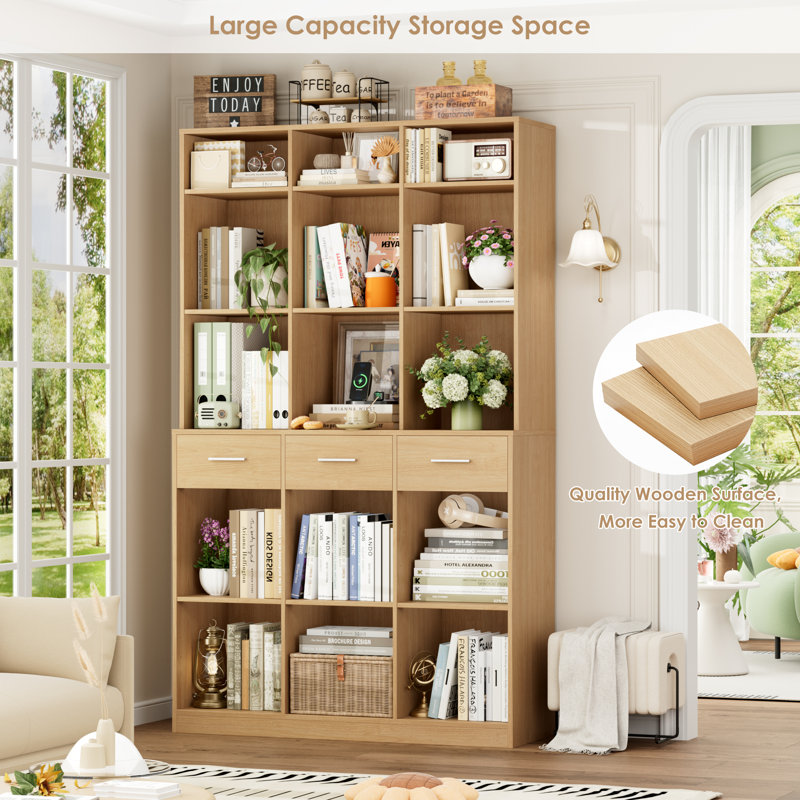 Bibliothèque de rangement en bois 75 "avec tablettes réglables, Naturel / Argenté