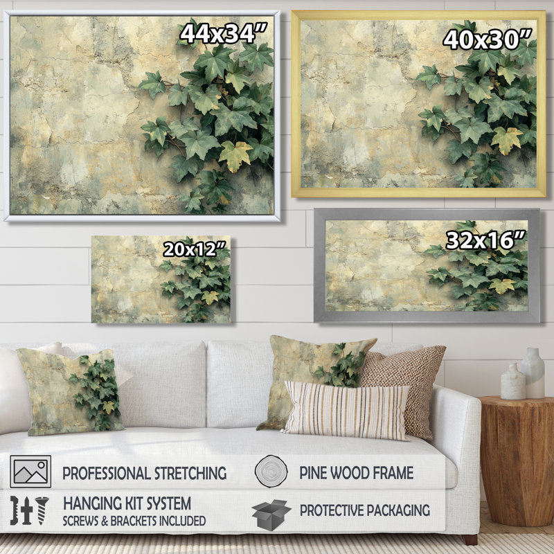 Collage de feuilles de lierre sur un mur I - feuilles, art mural pour le salon, H 12 po x l 20 po, Blanc