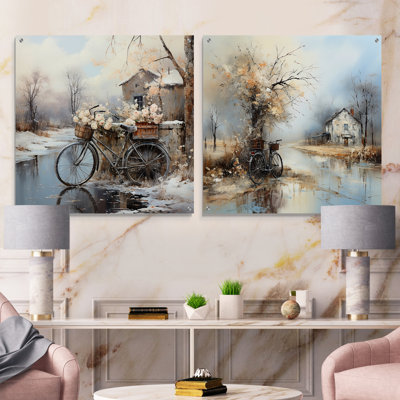 «Bicycle Charm In Winter», ensemble de 2 bicyclettes murales en acrylique