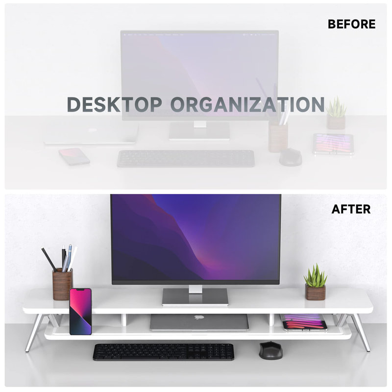 Modern Wood Monitor Stand Riser White 2 Tiers With Storage Organizer And Cable Management For 2 Monitors