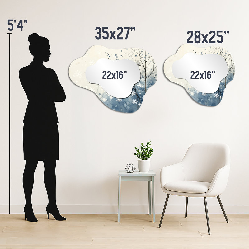 Miroir mural rustique en métal en forme de nuage - flocons de neige tombant en hiver II, impression sur métal, 25 po x 28 po
