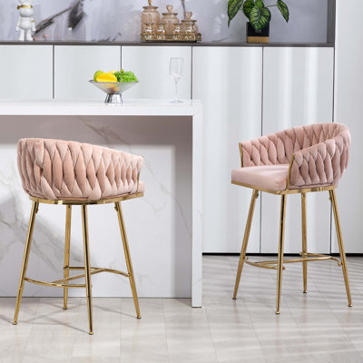Ensemble de 2 tabourets de bar 26 po à hauteur de comptoir, îlot de cuisine avec dossier ondulé à la main, base chromée et repose-pieds