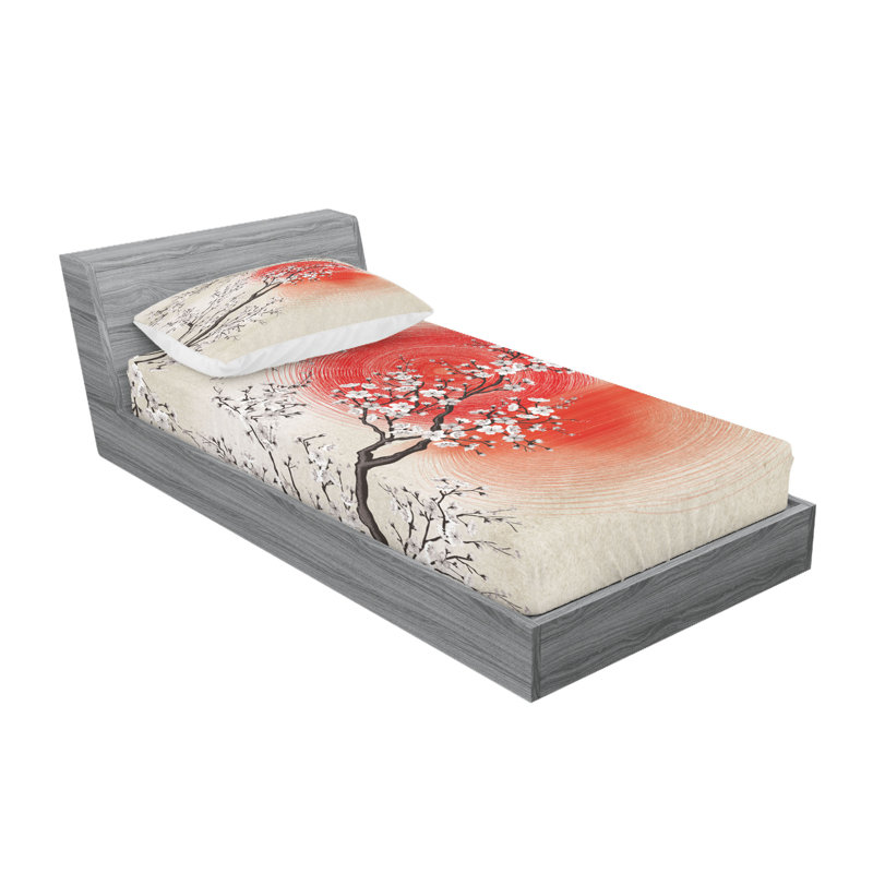 Ensemble de draps et taies décoratives Ambesonne Cherry Blossom, gris, jaune, corail foncé