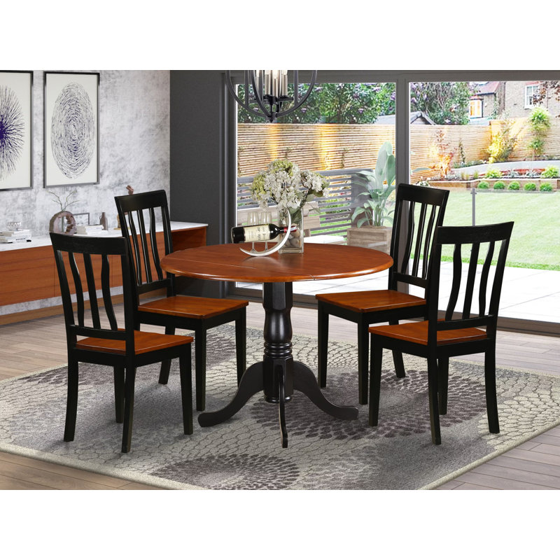 Ensemble de table à manger 5 pièces pour 4 personnes comprenant une table de salle à manger ronde avec Dropleaf et 4 chaises de salle à manger, 42 po x 42 po, noir et cerise