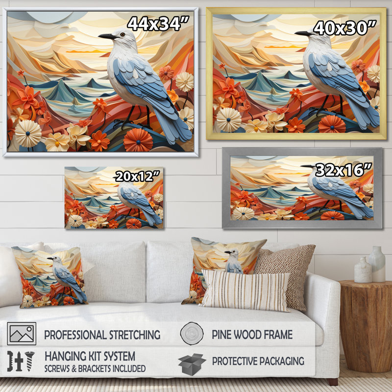 «Seagull Coastal Guardian Geometric III», reproduction d'art sur toile, Cadre flottant doré, H 12 po x l 20 po x P 1 po