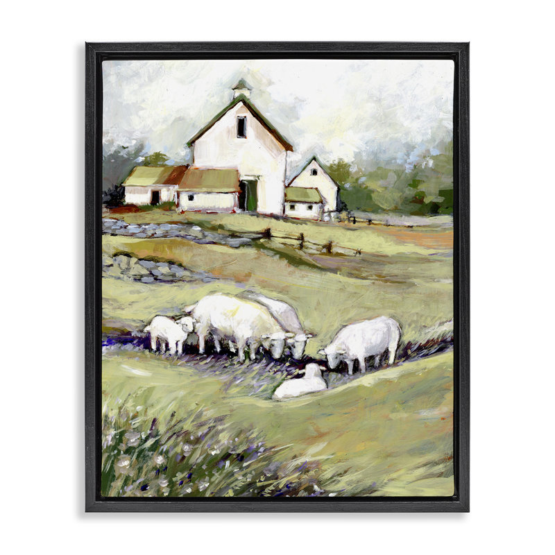 Barn with Grazing Sheep Floating Frame, design by Susan Winget, 21" H x 17" W, Jet Black Floater Frame