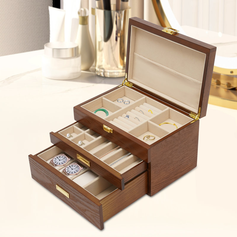 Boîte de rangement pour bijoux 3 couches, Brun clair