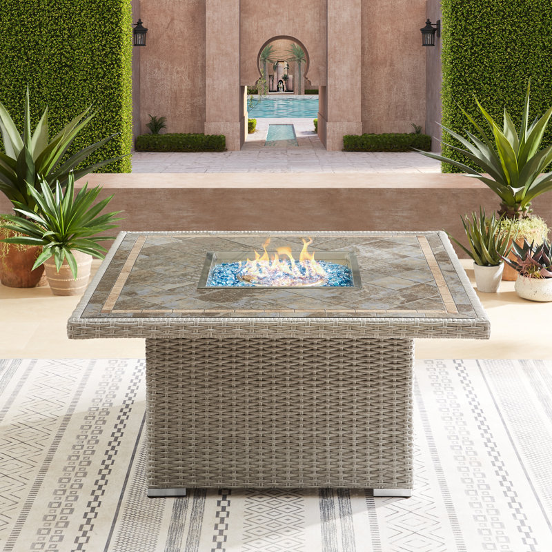 Propane Outdoor Fire Pit Table With Ceramic / Tile Top & Wicker Base and Hidden Fuel Tank Storage, Light Gray