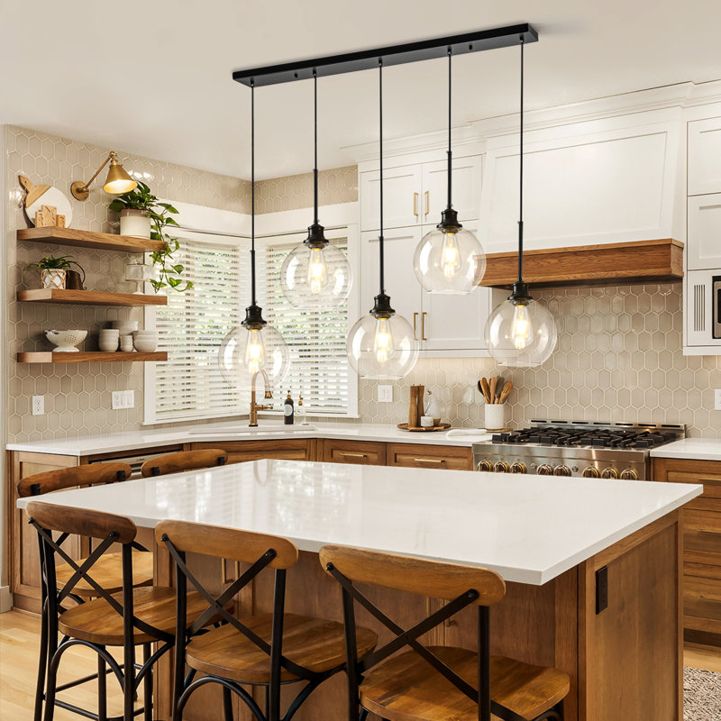 Concow 5-Light Matte Black Kitchen Island Pendant With Clear Globe Glass, Transparent